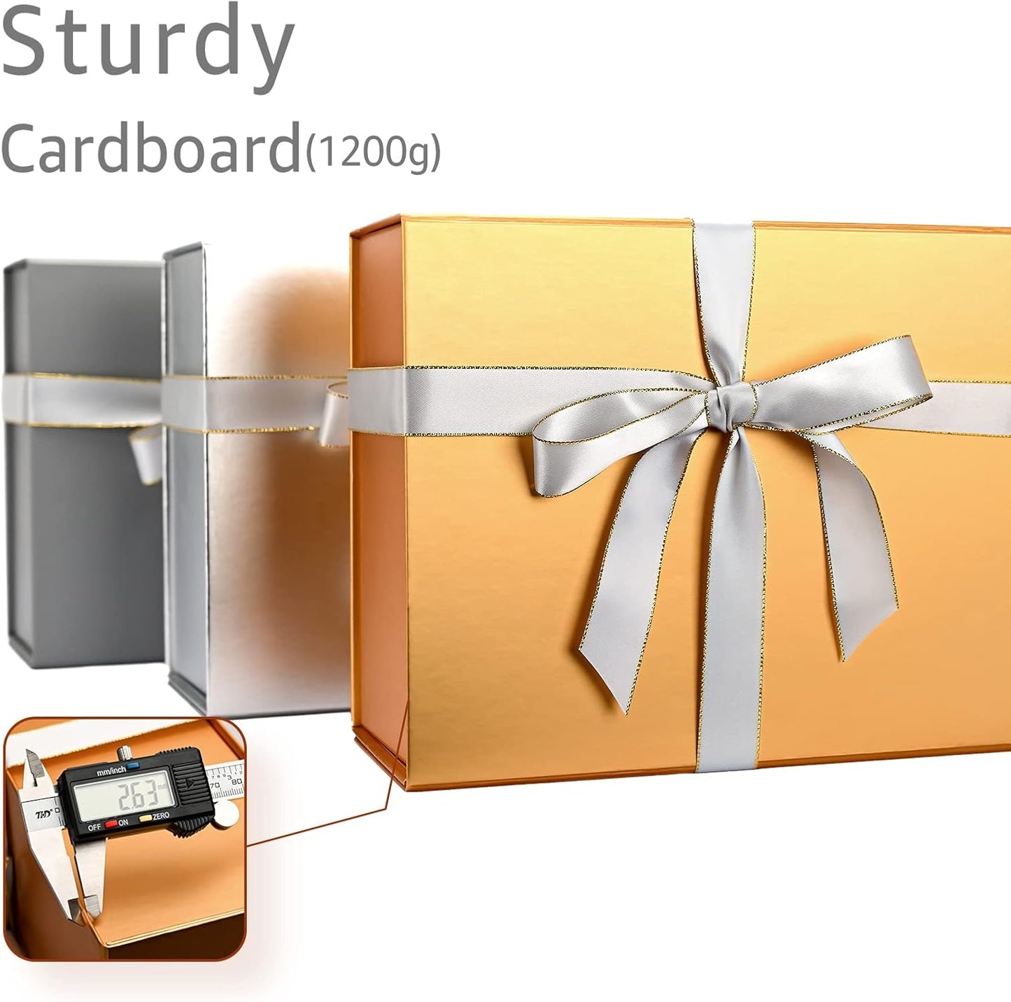 LIFELUM Gift Boxes with Lids,2 Pack 13.85 x 8.35 x 4.45 inch Gold Gift Boxes with Magnetic Lid and Ribbon, Card, Shredded Paper Filler Empty Gift Box for Christmas,Valentine's day,Birthdays