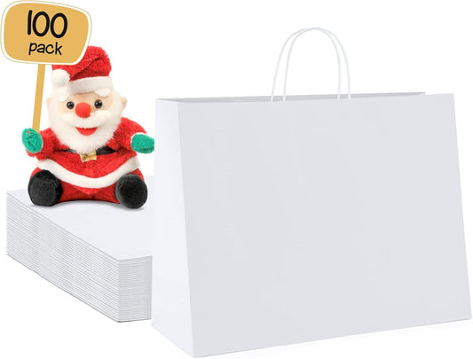METRONIC Paper Gift Bags 16x6x12'' 100Pcs White Paper Bag with Handles Bulk for Small Business, Birthday Wedding Party Favor