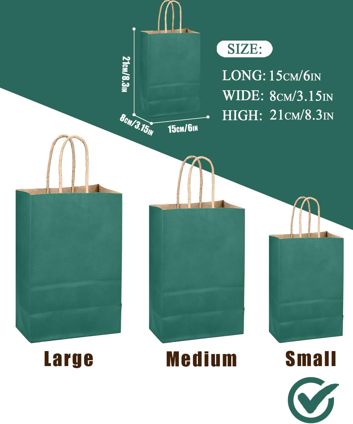 qiqee Peacock Green Gift Bag with Handles Bulk 24Pcs Paper Bags -8.3"x6"x3. 15" Party Favor Bags - Solid Color