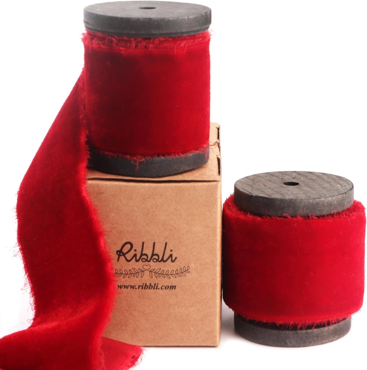 Ribbli Red Velvet Ribbon 1.5 Inch Handmade Frayed Vintage Christmas Ribbon for Gift Wrapping Christmas Tree Ornament Wreath Craft Home Decor -Total 3 Yards with Wooden Spool