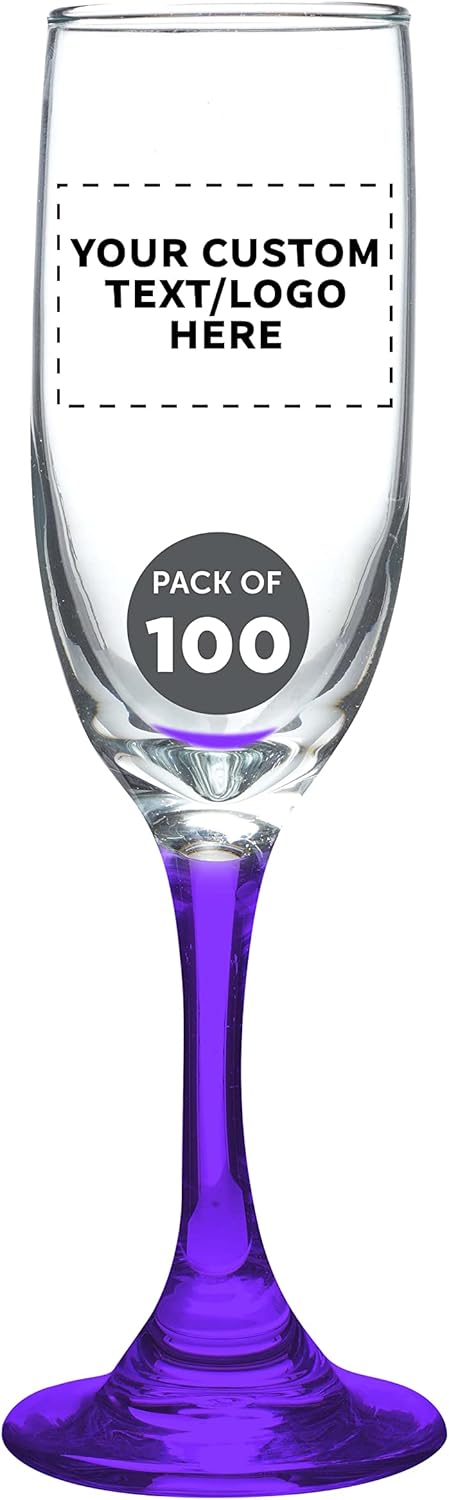 DISCOUNT PROMOS Custom Premiere Champagne Flutes 6.25 oz. Set of 100, Personalized Bulk Pack - Elegant Drinkware for Weddings, Events, & Promotional Gifts - Purple