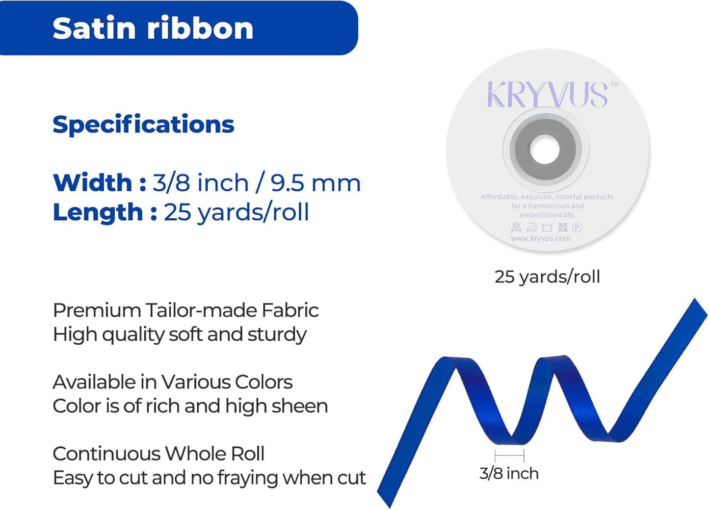 Dark Royal Blue Satin Ribbon 3/8 inch X Continuous 25 Yards, Single Face Polyester Ribbon Perfect for Gift Wrapping, Flower Bouquet, Wedding Decor, Crafts, Bow Making, Sewing and More