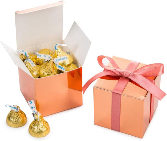 AWELL Rose Gold Gift Candy Box Bulk 2x2x2 inches with Vintage Pink Ribbon Party Favor Box,Pack of 50