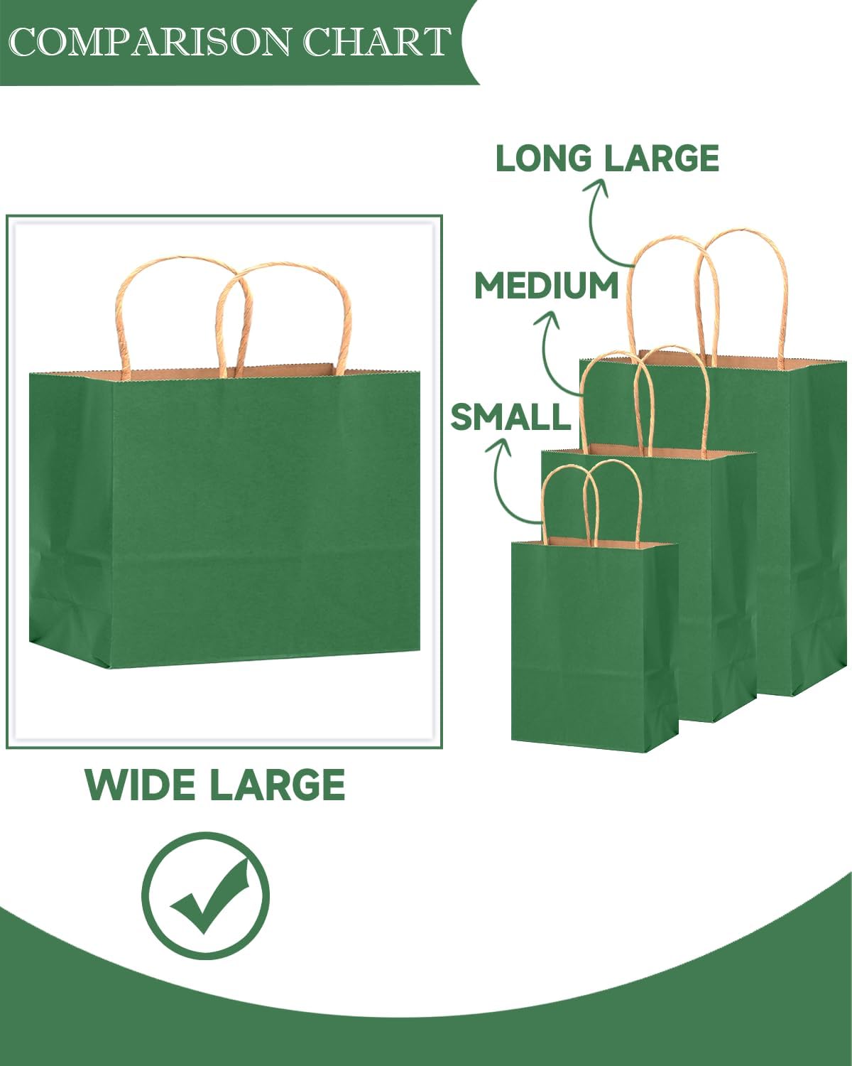qiqee 50-Packs Kraft Deep Green Paper Gift Bags with Handles Bulk 12.6"x4.3"x10" Wide Large Size Party Favor Bags Multiple Uses