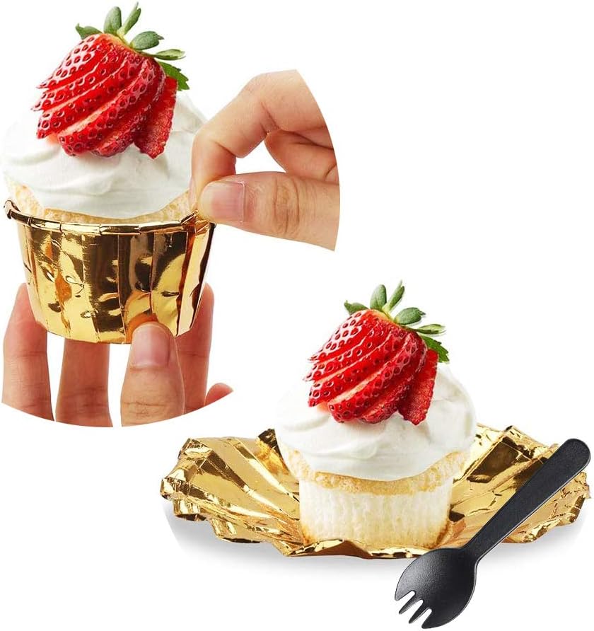Gold Cupcake Liners with Lids 100Pack,Free-Air 3.5Oz Mini Muffin Liners Cupcake Wrappers,Foil Cupcake Baking Cups,Disposable Ramekins Muffin Tins for Wedding Birthday Party, with Spoons-Gold