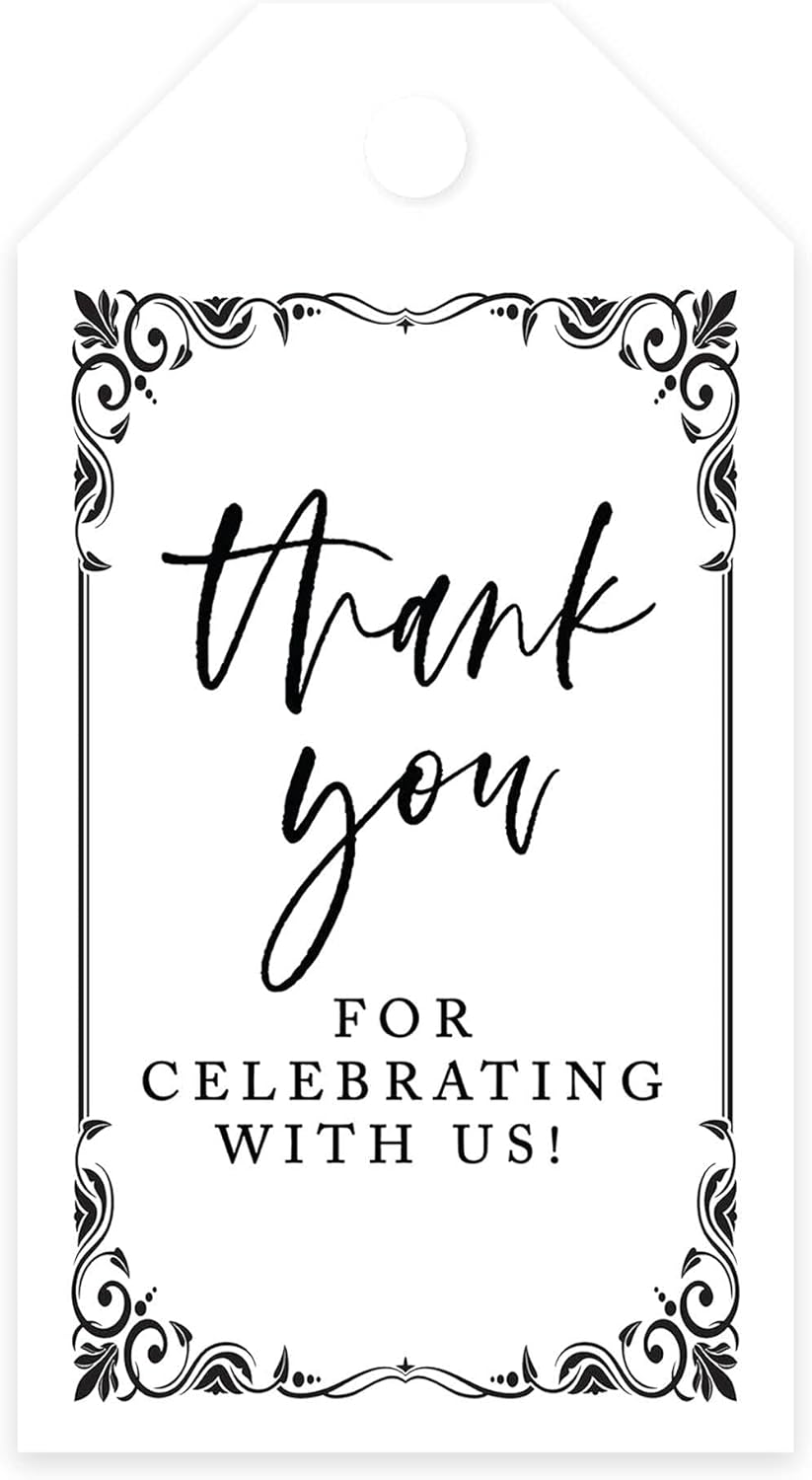 Andaz Press 100-Pack Thank You for Celebrating with Us Favor Tags Art Deco Cardstock Gift Tags with Bakers Twine for Wedding Baby Shower Bridal Shower Birthday Party Favors 2 x 3.75-Inches