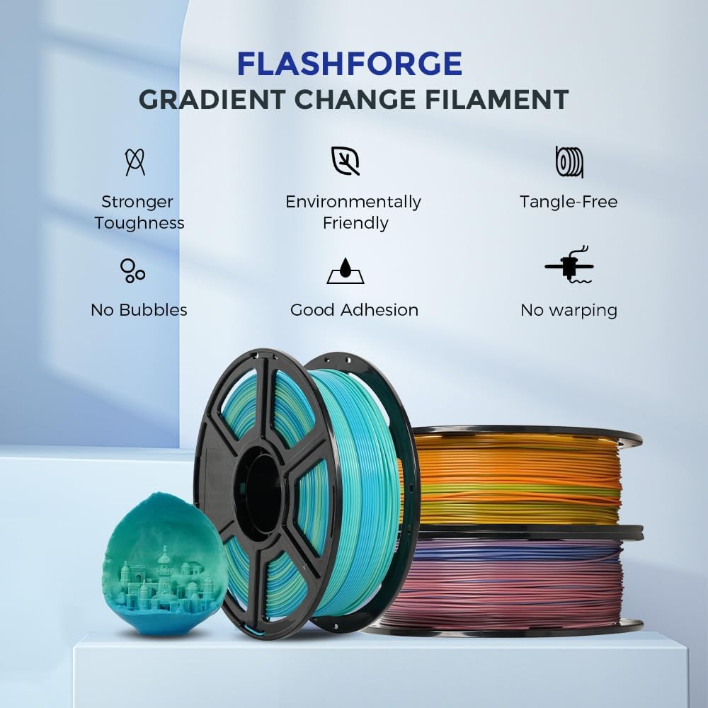 FLASHFORGE 3D Printer Filament Gradient Color Change PLA Filament 1.75mm, 1KG Spool (2.2lbs), Dimensional Accuracy +/- 0.02mm, Better Tenacity & No Knotting 3D Printing Filament (Blue&Yellow)