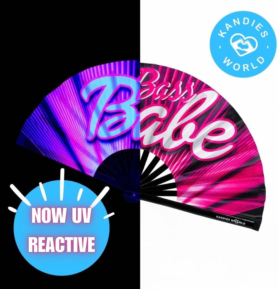 Kandies World UV Reactive Custom Festival Folding Hand Fan - Unique Designs, Made of Bamboo, Clacking Sound, Lightweight - Perfect Rave and Festival Accessory!
