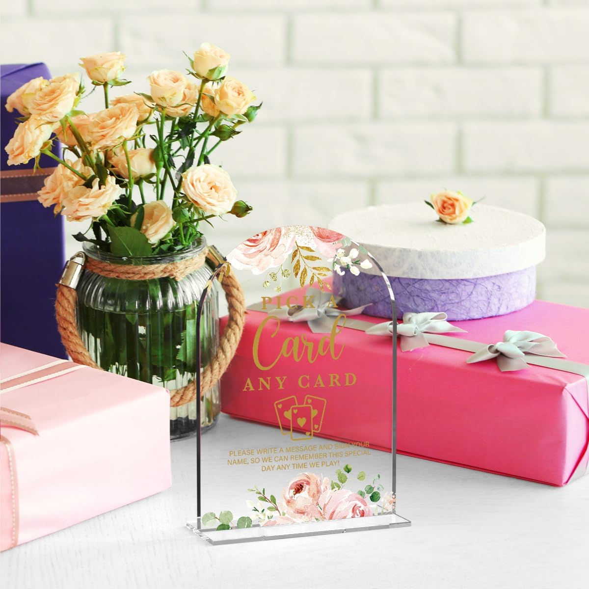 Acrylic Wedding Signs, Bridal Shower Decorations, Pick A Card Signs for Reception, Modern Calligraphy Arch Acrylic Table Top Sign for Wedding Reception and Engagement Parties (Clear Pink Flowers)