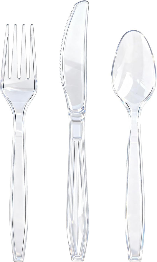 400 Count Heavy Duty Clear Plastic Silverware, 160 Forks, 160 Spoons, 80 Knives, BPA-Free and Heat Resistant, Disposable Cutlery set, Premium Clear Utencils for Party and Daily Use