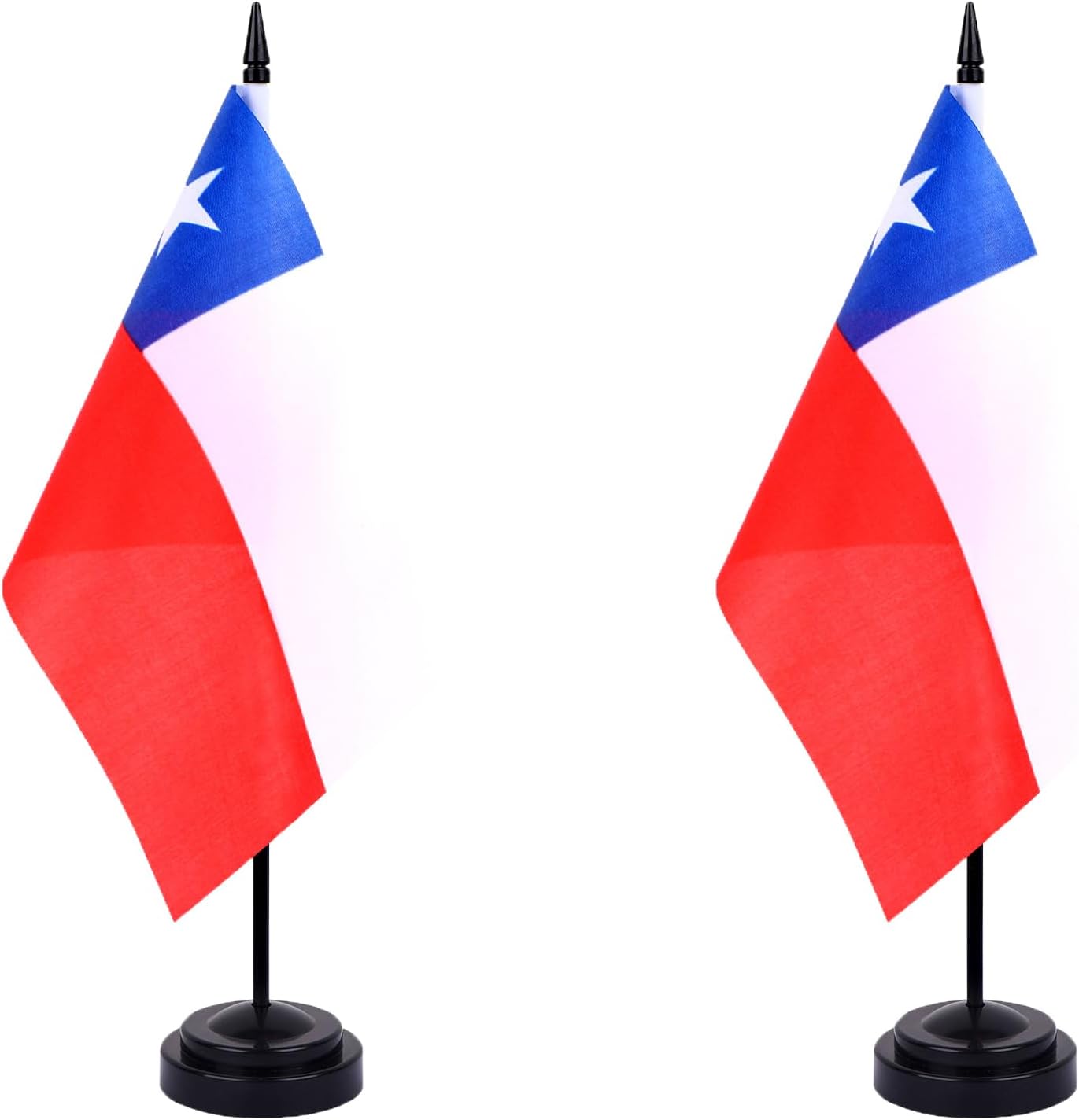 Chile Desk Flag 12" Solid Pole Deluxe Set Chilean Flags Banner Mini Small Chile Office Table Flags with Black Stand Base Desktop Decorations(2Pack)