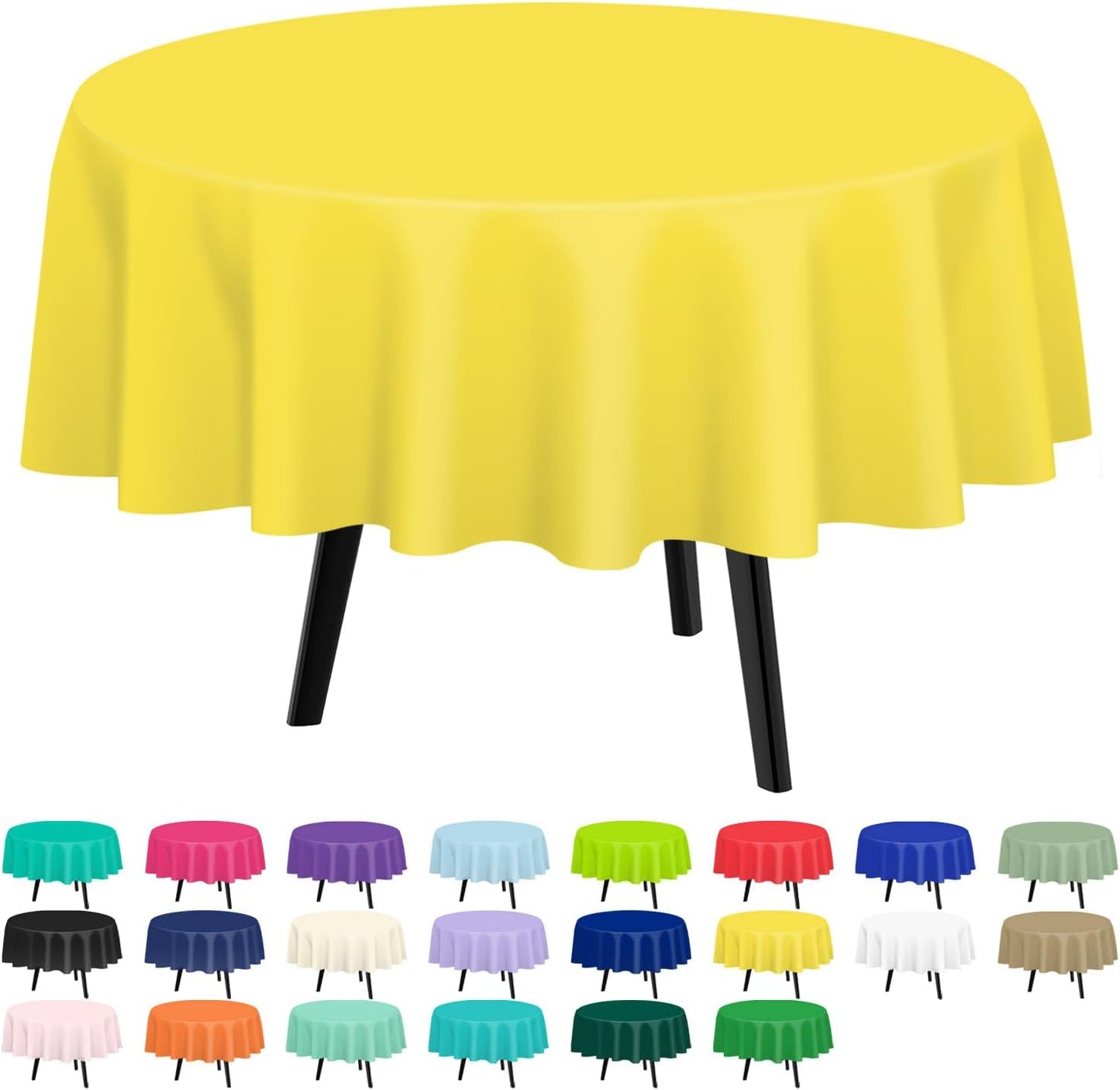 QIKSION Yellow Round Tablecloth 2 Pack, 84 Inch Plastic Table Cover Disposable for Parties