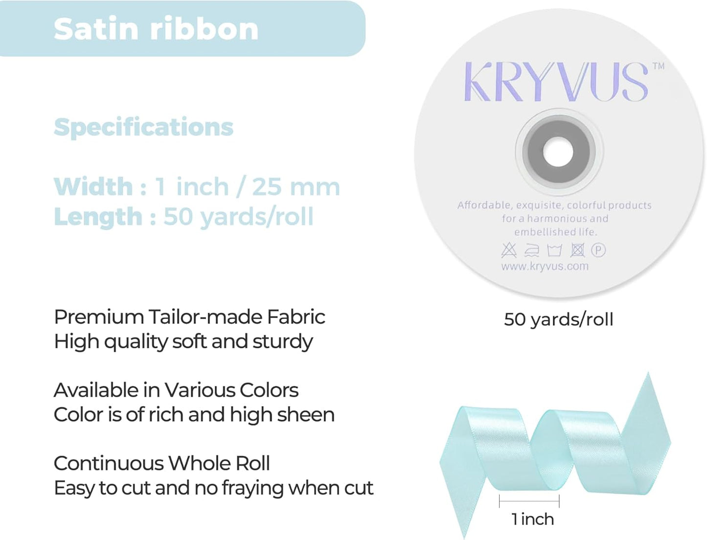 Light Blue Satin Ribbon 1 inch X Continuous 50 Yards, Single Face Polyester Ribbon Perfect for Gift Wrapping, Flower Bouquet, Wedding Decor, Crafts, Bow Making, Sewing and More