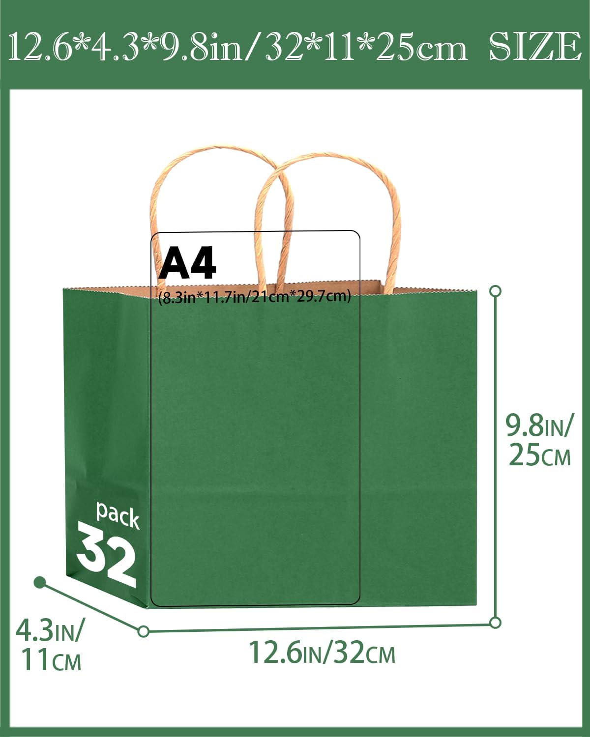 qiqee 50-Packs Kraft Deep Green Paper Gift Bags with Handles Bulk 12.6"x4.3"x10" Wide Large Size Party Favor Bags Multiple Uses