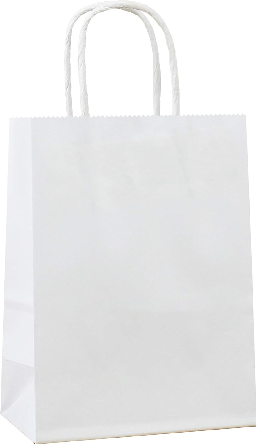 25 PCS Small Gift Bags White Kraft Paper Bag with Handles for Wedding Baby Shower Kid's Birthday Party Favors(8.2 x 6 x 3.1 In)
