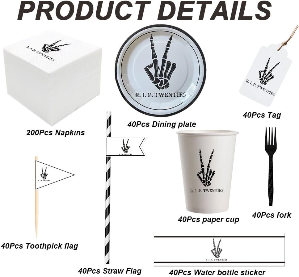 SharkBliss RIP Twenties Party Supplies 480 PCS – Paper Cocktail Napkins Party Cups Water Bottle Labels Toothpick Flags Drinking Straws Gift Tags Forks Plates for Death to My 20s 30th Birthday