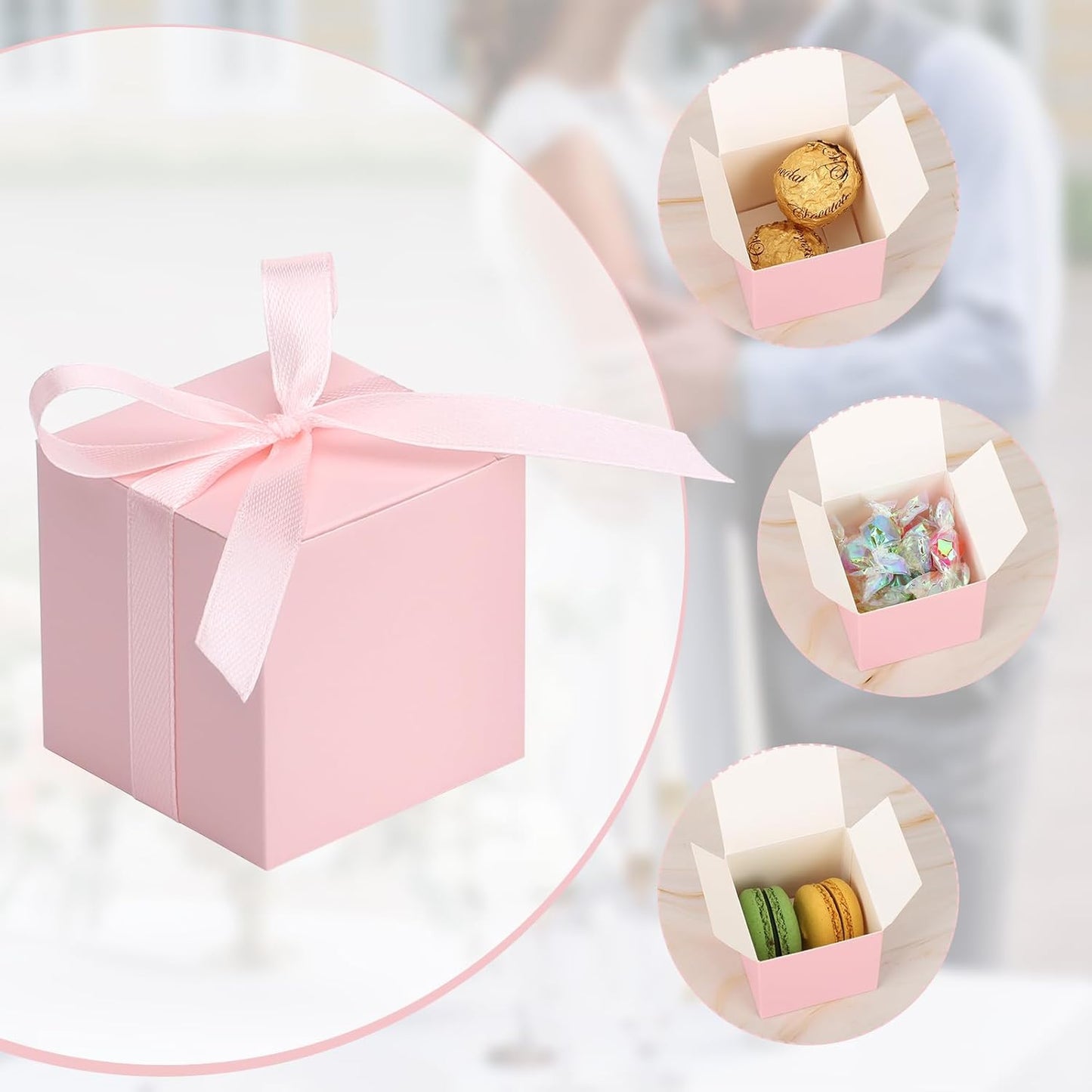 EUSOAR Candy Boxes Party Favors, 120pcs 2x2x2 Inches Pink Favor Boxes Candy Gift Box with Ribbon, Mini Bakery Cookies Box Square Paper Chocolate Containers for Wedding Anniversary Party Favor