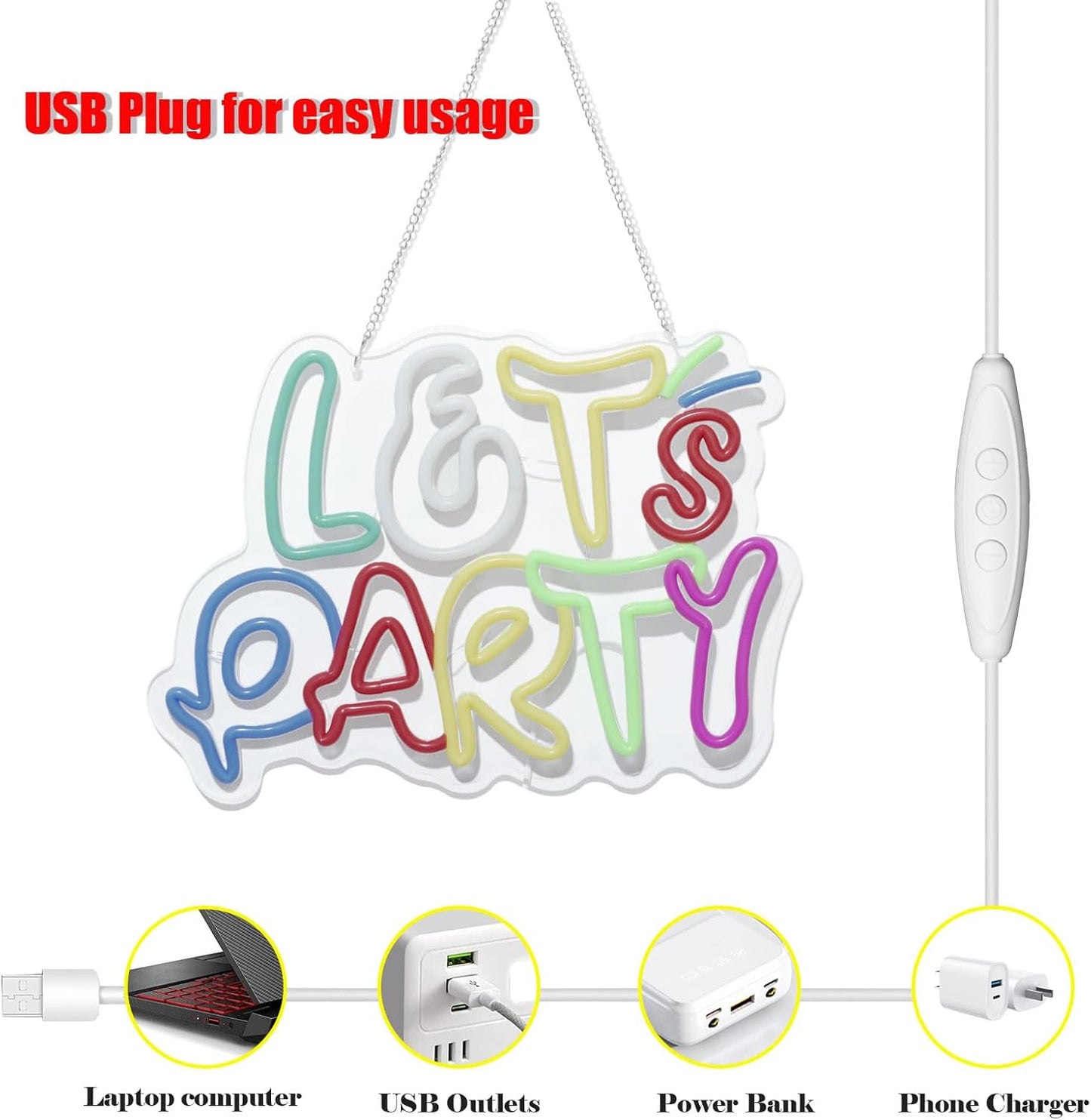 Let's Party Neon Sign for Wall Decor with Dimmable and USB Power,Multicolor LED Light up Sign,Party signs Perfect for Birthday,Bachelorette Parties,Game Room,Bar Lighting,gifts,size:14.17*10.32In