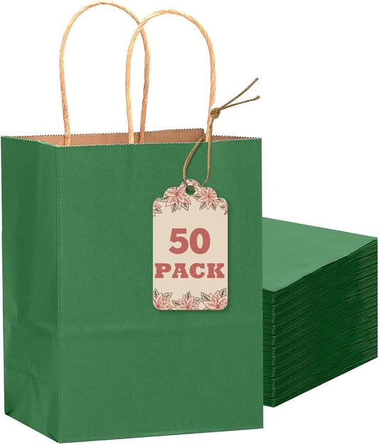 qiqee 50-Packs Gift Bag with Handles Bulk Kraft Deep Green Paper Bags Multiple Uses (8.3"x3"x6"inch Small Size)