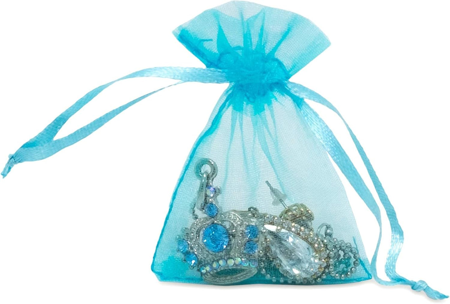 TheDisplayGuys 48-Pack 2" x 2-3/4" Turquoise Blue Sheer Organza Gift Bags with Drawstring, Jewelry Candy Treat Wedding Party Favors Mesh Pouch