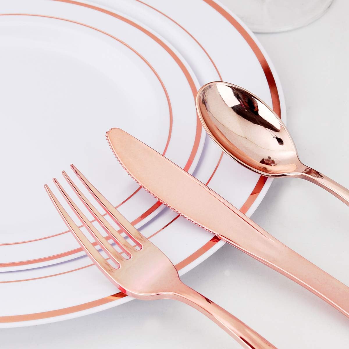 WDF160 Piece Rose Gold Disposable Cutlery Set - Heavyweight Plastic Silverware - Includes 80 Forks, 40 Spoons, 40 Knives - Rose Gold Silverware Perfect for Wedding/Party