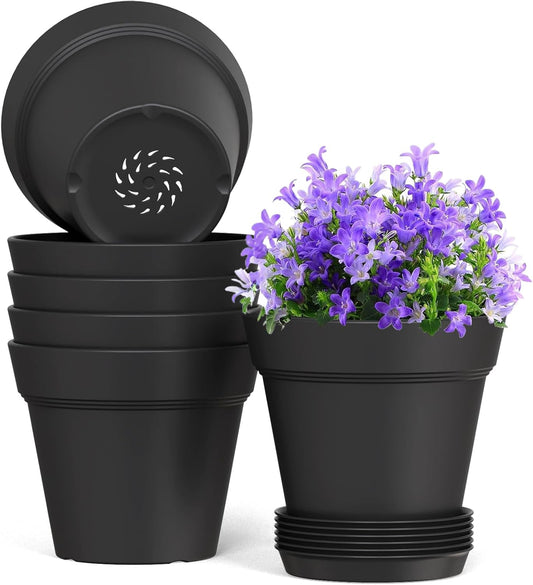6 Inch Thick Plastic Plant Pots with Drainage Holes and Trays – 6 Pack Nursery Pots for Indoor & Outdoor House Plants, Seedling Starter Planters for Garden Flowers, Matte Black
