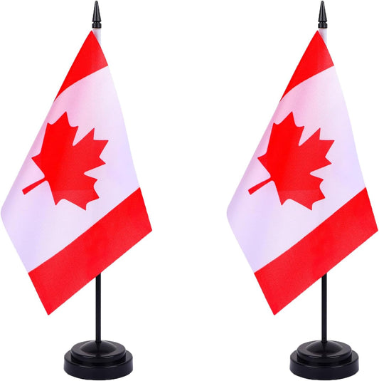 WXTWK 2 Pack Canada Flag Canada Deluxe Desk Flag Set - Mini Small Canadian Table Office Flags with Black 12" Solid Pole Stand Base Classroom Meeting Desktop Decorations