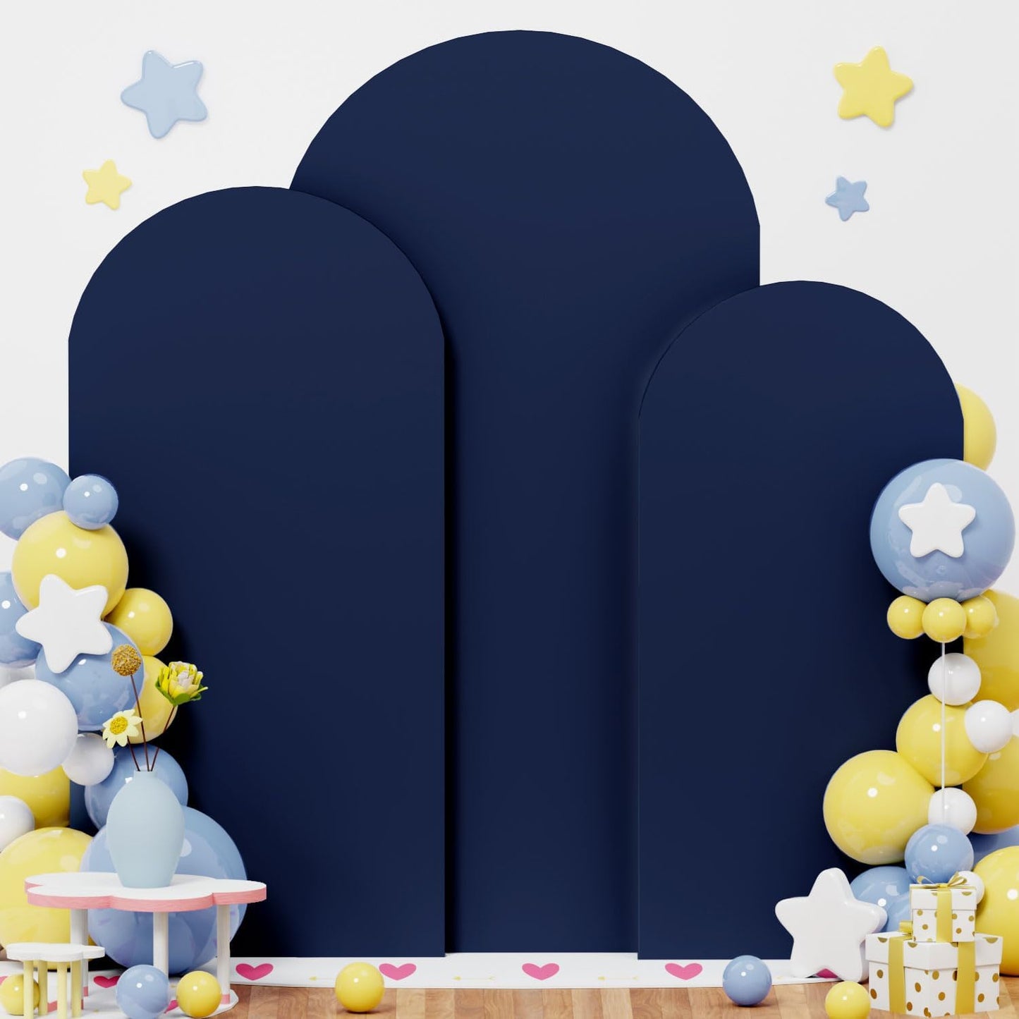 Metal Arch Backdrop Stand and Cover Set 6&6.6&7.2ft Navy Blue Arch Backdrop Covers Gold Wedding Arch Stand Set of 3 Spandex Arched Covers for Bridal Baby Shower Banquet Party Decoration