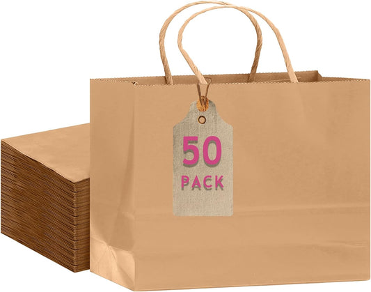 qiqee 50-Packs Brown Paper Gift Bags with Handles Bulk 12.6"x4.3"x10" Wide Large Size Party Favor Bags Multiple Uses