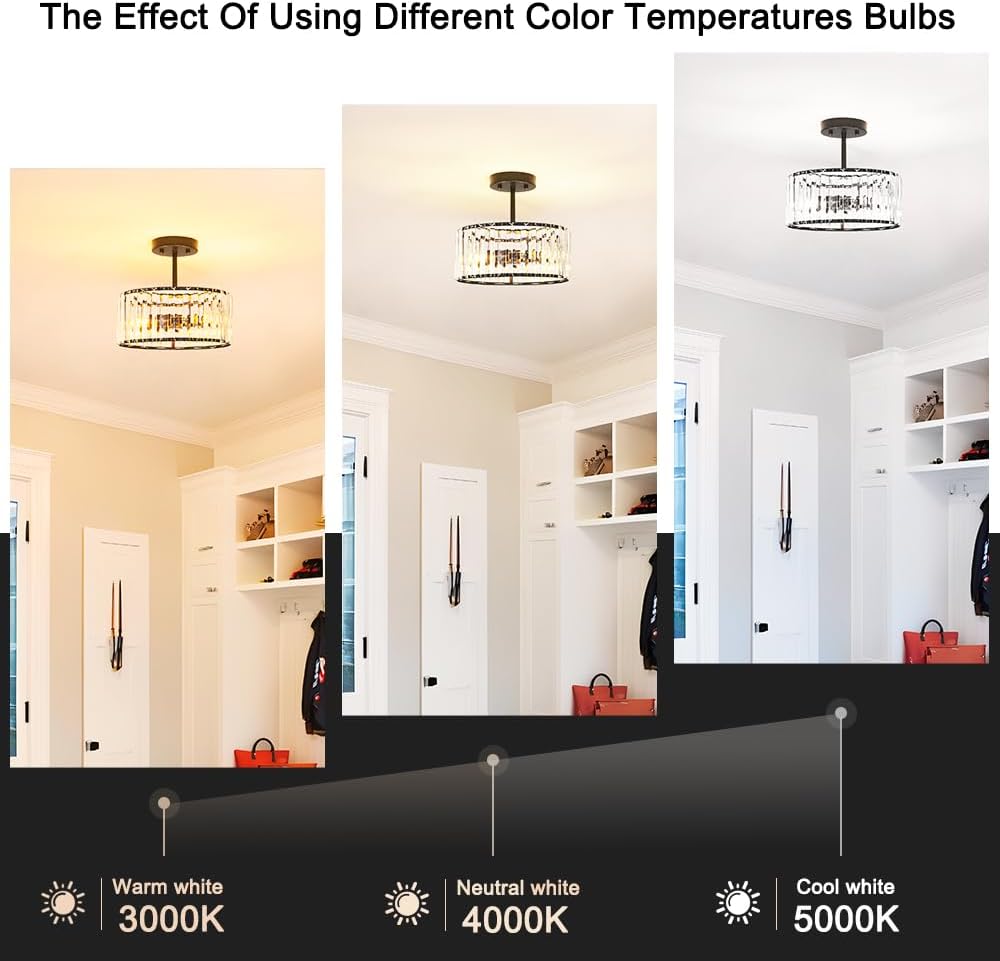 Modern Crystal Ceiling Light, Matte Black Semi Flush Mount Ceiling Lighting Fixture, Hallway Light Fixtures Chandelier for Kitchen, Bedroom Dining Room Hallway Closet, 3-Light, 12 Inch