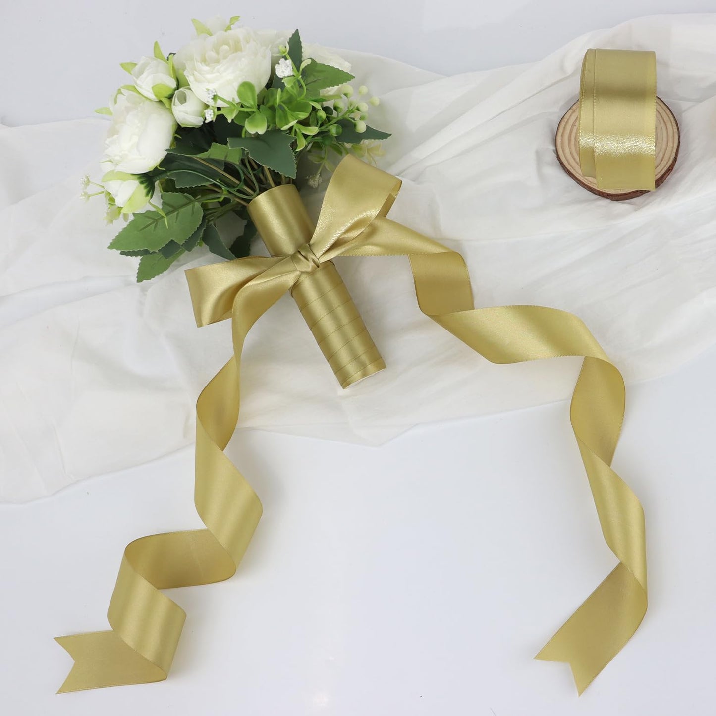 Champagne Gold Solid Satin Ribbon 1-1/2 Inch 25 Yards Solid Polyester Fabric Ribbon for Gift Wrapping Wedding Christmas Baby Shower Birthday Party Decoration Handmade Immortal Flower Craft