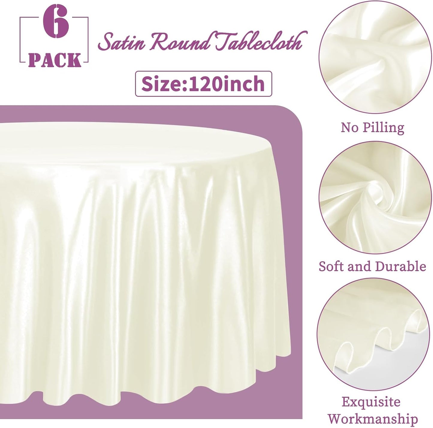 fani 6 Pack 120 Inch Ivory Round Tablecloth - Premium Silky Satin Tablecloth Overlay Smooth Fabric Table Cover Linens, Table Decoration for Wedding Party Banquet Events Restaurant Kitchen Dining