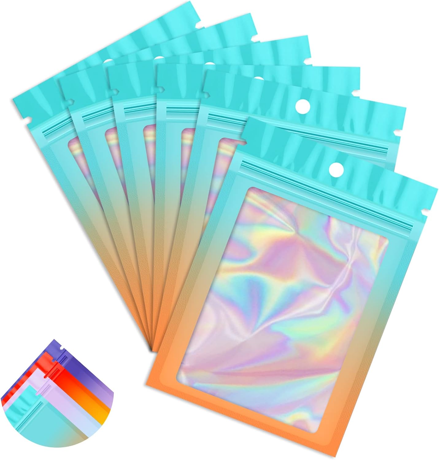 Funfery 100 Pack Gradient Holographic Bags,Mylar Resealable Bag with Zipper,Clear Window Packaging Pouch,Smell Proof Bags for Food Storage,Sample Jewelry Baggies(5.5x7.9In,Blue Orange)