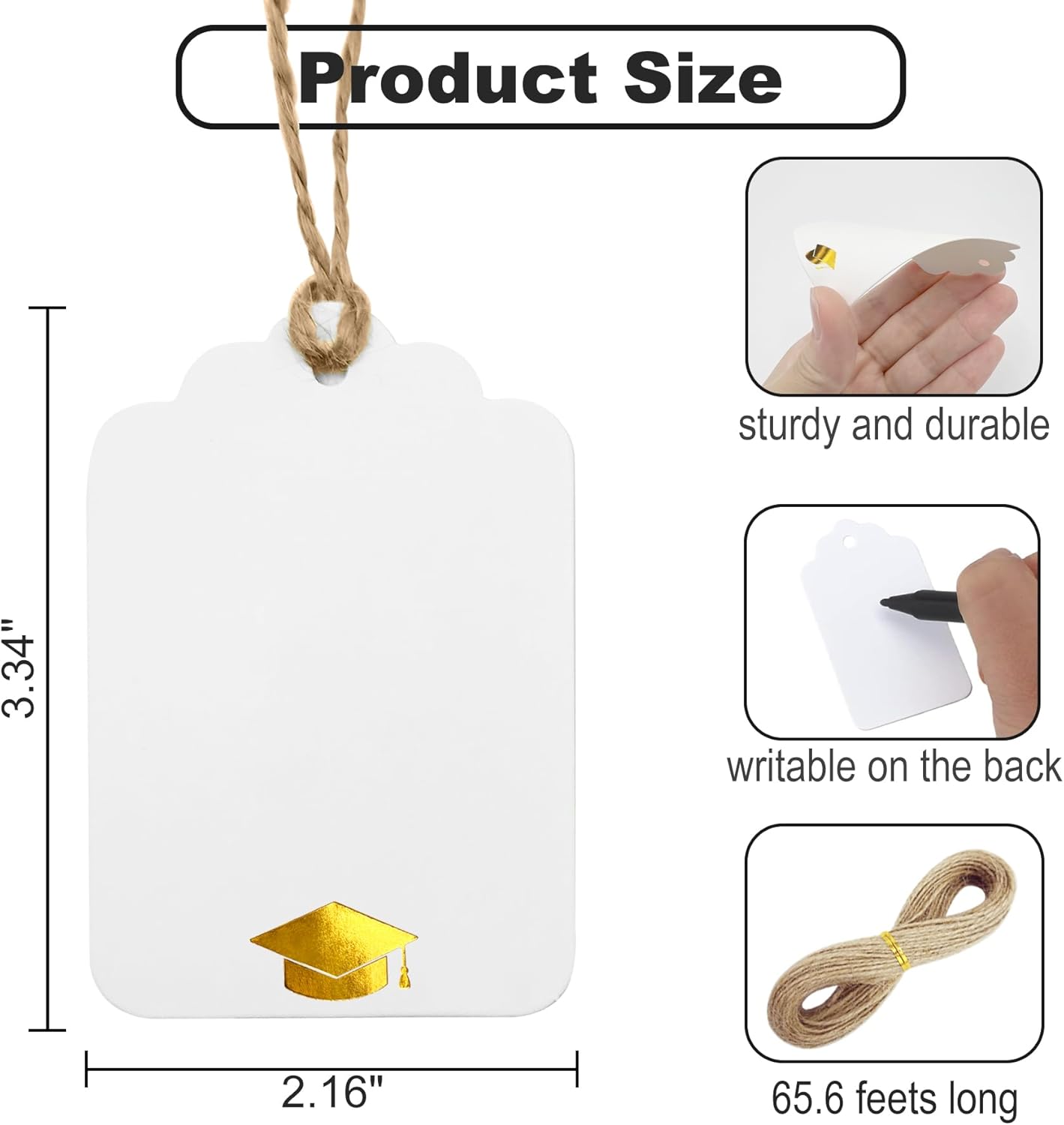 100Pcs Blank Gift Tags with String Foil Gold Grad Cap Large White Paper Gift Tags with 65 Ft Jute Twine for Congrats Grad Congratulations Graduation Party