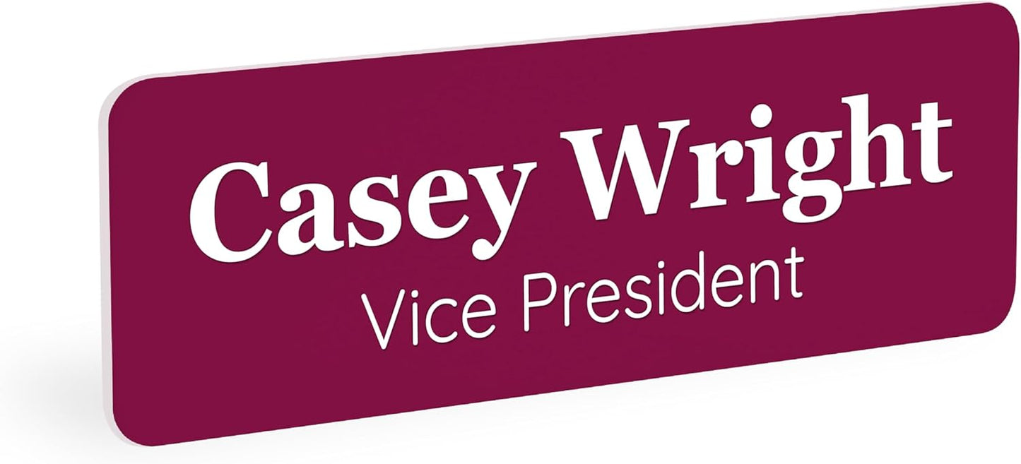 ExcelMark Custom Name Tag - Engraved Name Badge with Pin or Magnetic Backing, 16 Colors, 6 Fonts, and 2 Sizes to Choose from (Burgundy w/White Letters, 1"x 3")
