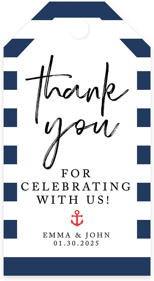 Andaz Press 100-Pack Personalized Thank You Tags with Bakers Twine Nautical Beach Custom Cardstock Wedding Gift Tags for Wedding Party Favors 2 x 3.75-Inches