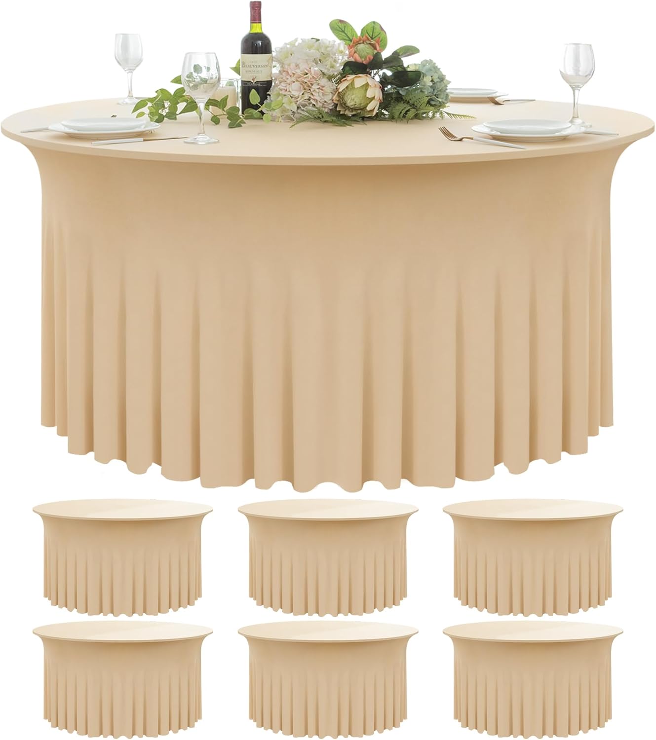 6 Pack Champagne Round Spandex Tablecloth 60 Inch, Wrinkle Free Stretch 120 Inch Fitted 5ft Champagne Table Cloths Round Table Covers with Ruffle Skirt for Party Wedding Banquet