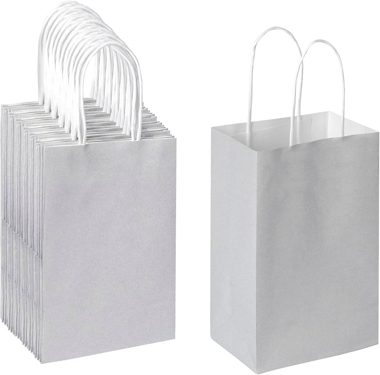Oikss 50 Pack 5.25x3.25x8.25 Inch Small Gray Kraft Paper Bags with Handles Bulk for Birthday Wedding Party Favors Grocery Retail Shopping Business Goody Craft Gift Bags Sacks (Silver Grey 50 Count)