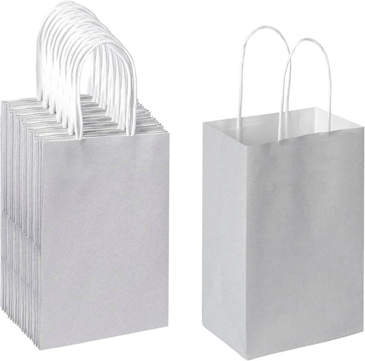 Oikss 50 Pack 5.25x3.25x8.25 Inch Small Gray Kraft Paper Bags with Handles Bulk for Birthday Wedding Party Favors Grocery Retail Shopping Business Goody Craft Gift Bags Sacks (Silver Grey 50 Count)