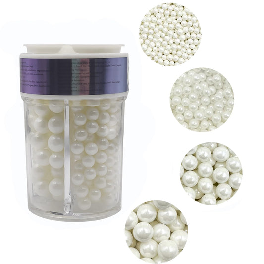 4 in 1 Edible White Pearl Sugar Sprinkles 6 oz, 4 sizes Candy Pearls Ideal for Baking, Cake and Cupcake Toppers, Cookie Decoration, Ice Cream Topping, Wedding Shower Valentines Halloween Christmas