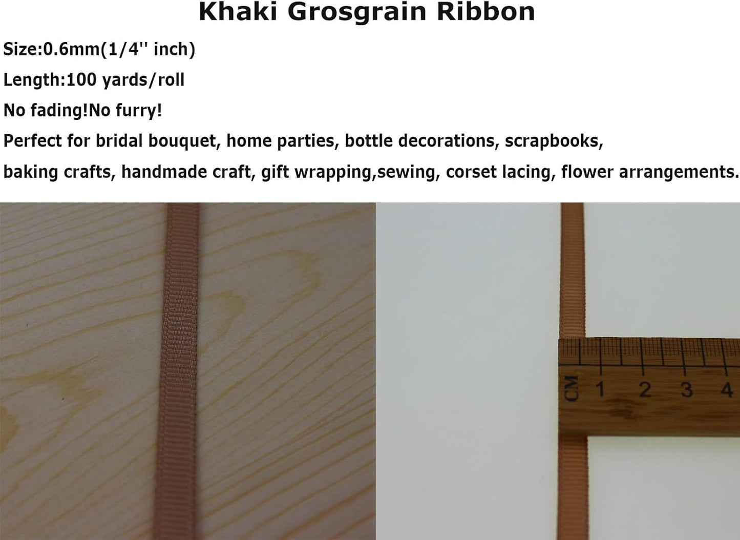 Jesep One Roll 100 Yards 1/4" Soild Grosgrain Ribbon Boutique Gift Wrapping Package Ribbon, DIY Crafts Bow Hair Headband Accessories Assorted Ribbon#835 (1/4" 6mm, Khaki)