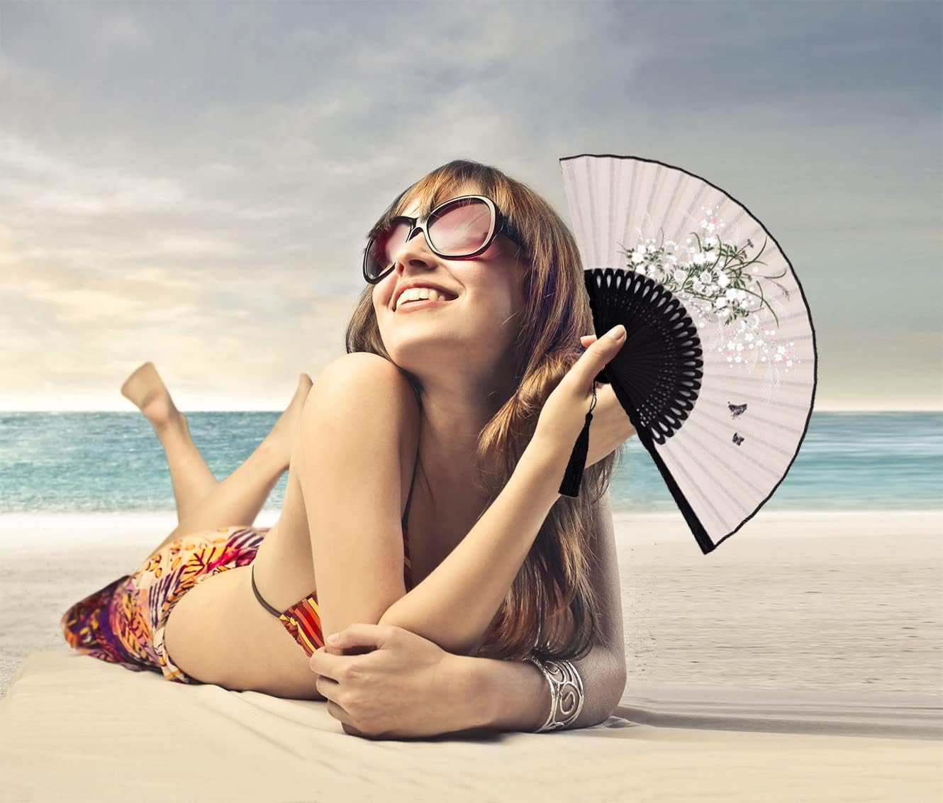 Amajiji Small Folding Hand Fan for Women, Chinese Japanese Vintage Style Bamboo Silk Fans for Party Wedding Dancing Decoration Gift Performance (AM-19)