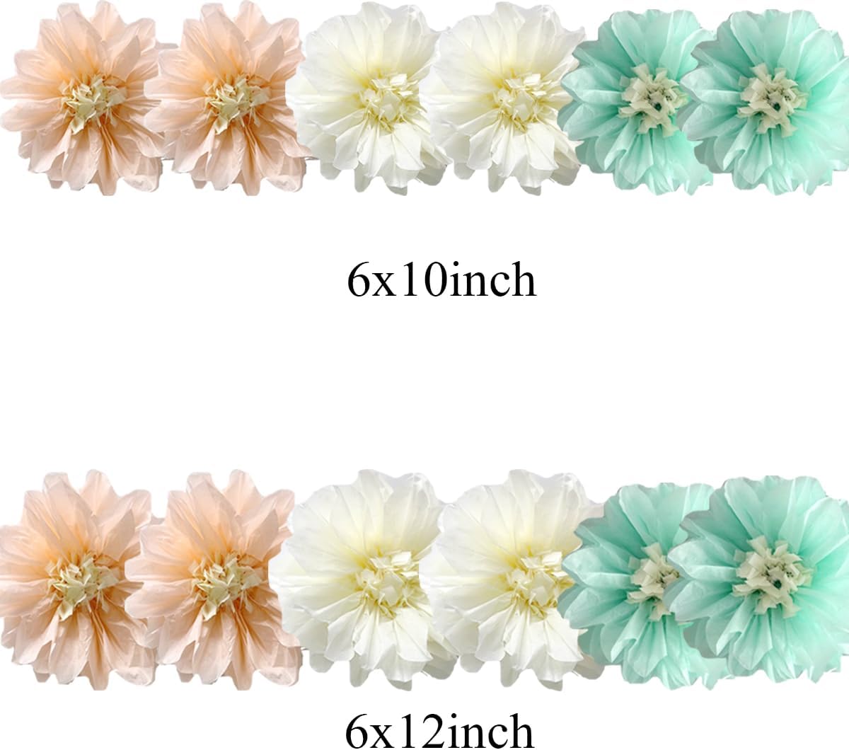 12pcs 10in/12in Tissue Flowers Pom Kit - Mint & Cream Peach - DIY Art Blooms - Wedding/Baby Shower Decorations