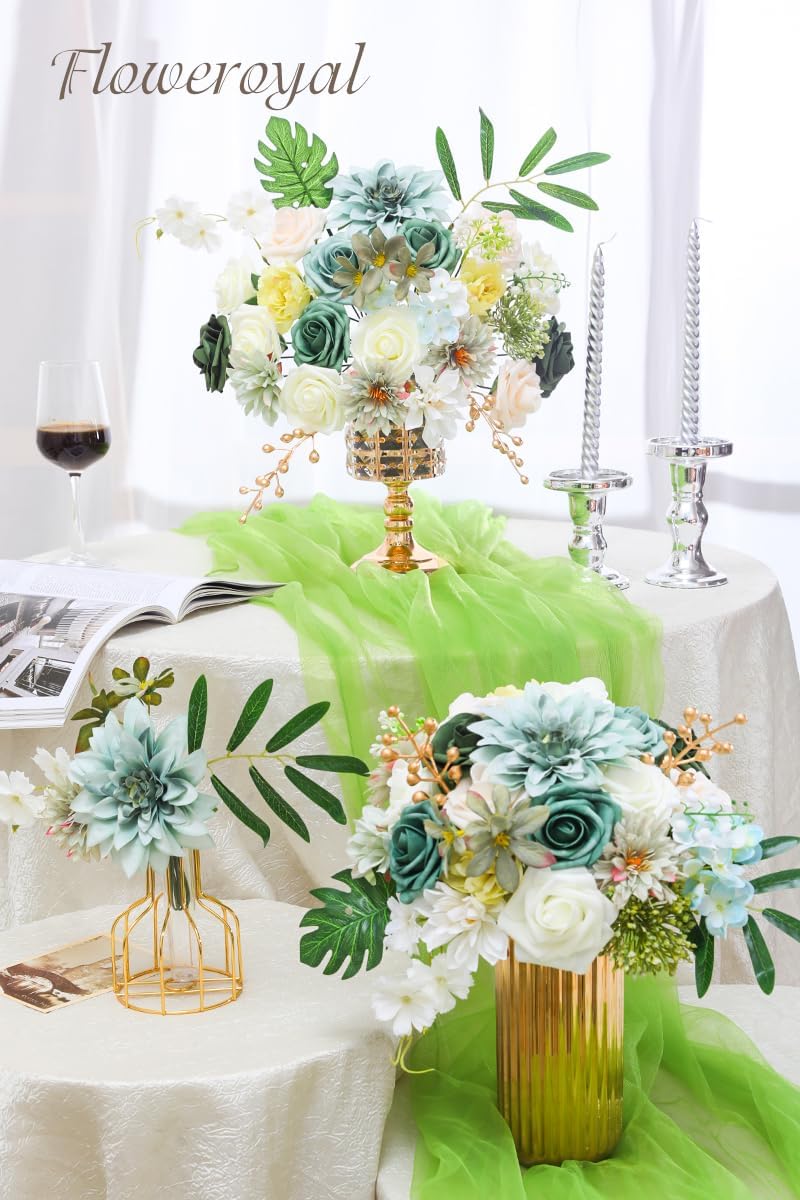 Floweroyal Artificial Flowers Combo Green Flowers Mix Silk Flowers Dahlia Roses with Stems for DIY Wedding Bridal Bouquets, Baby Shower, Floral Arrangement, Table Centerpieces, Home Decorations.