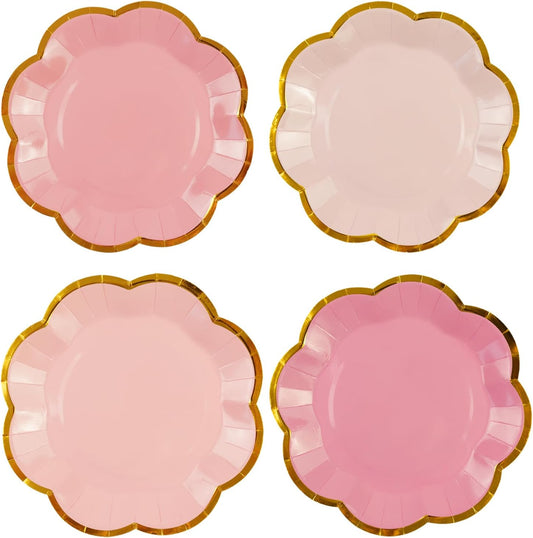 48Pcs Light Pink Scalloped Party Plates - 7inch Gold Foil Gradient Pink Dessert Paper Plate Disposable Cake Plates for Birthday Bridal Baby Shower Wedding Party Decorative Supplies