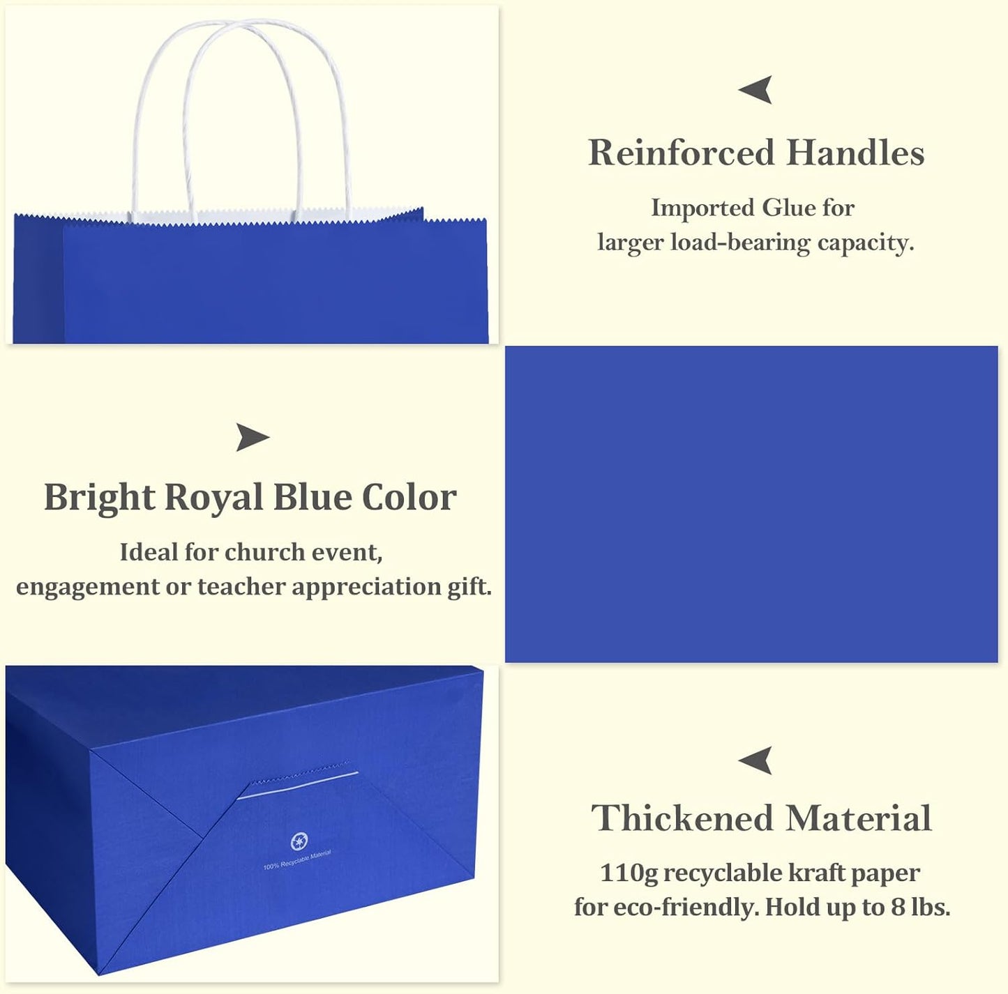BagDream 8x4.25x10.5 Inch 100Pcs Royal Blue Gift Bags Medium Size, Kraft Paper Bags with Handles Bulk for Wedding, Party Favors, Business, Retail, Grocery Paper Sacks