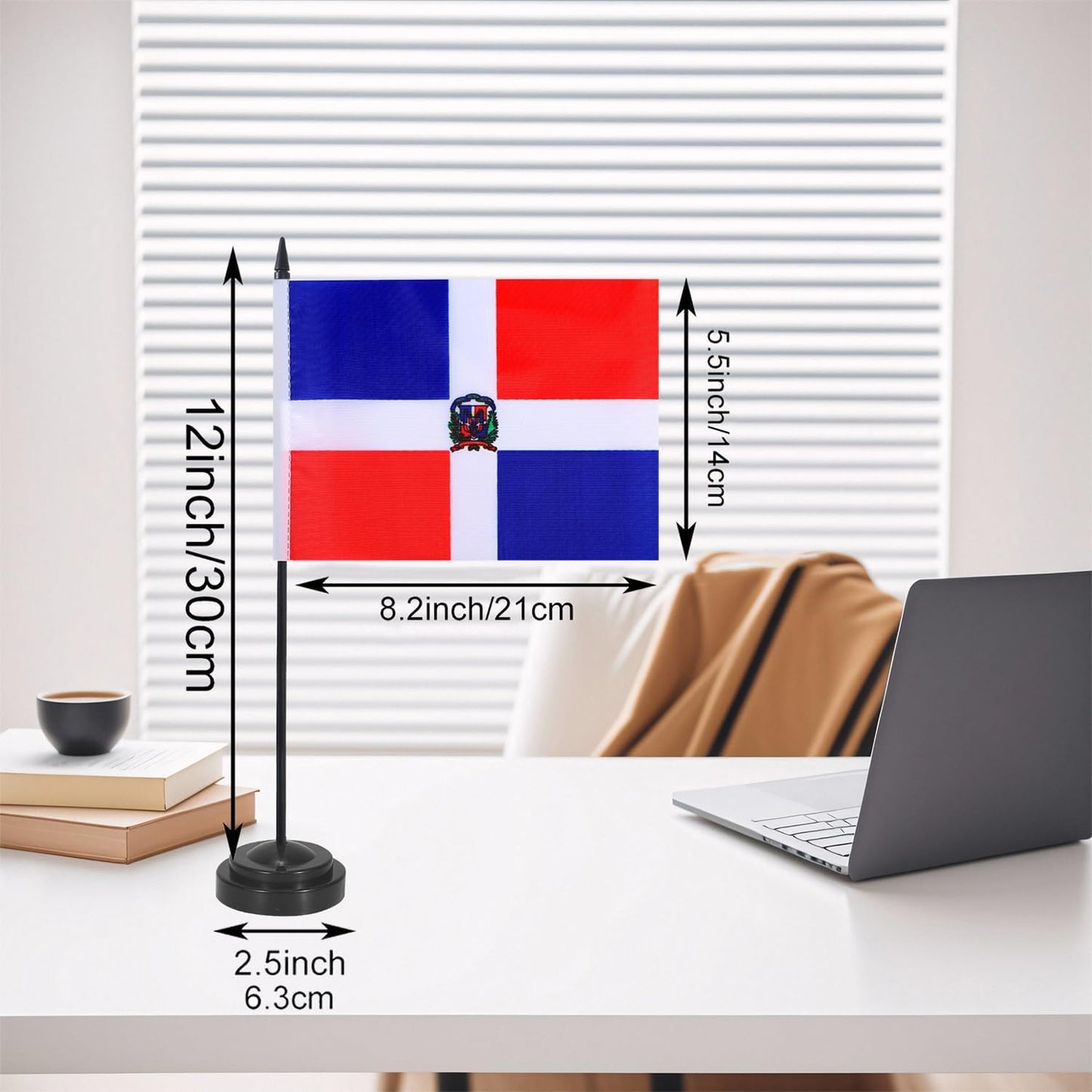 Dominican Republic Desk Flag 12" Solid Pole Deluxe Set Dominican Republic Flags Banner Mini Small Dominican Office Table Flags with Black Stand Base Desktop Decorations(2Pack)