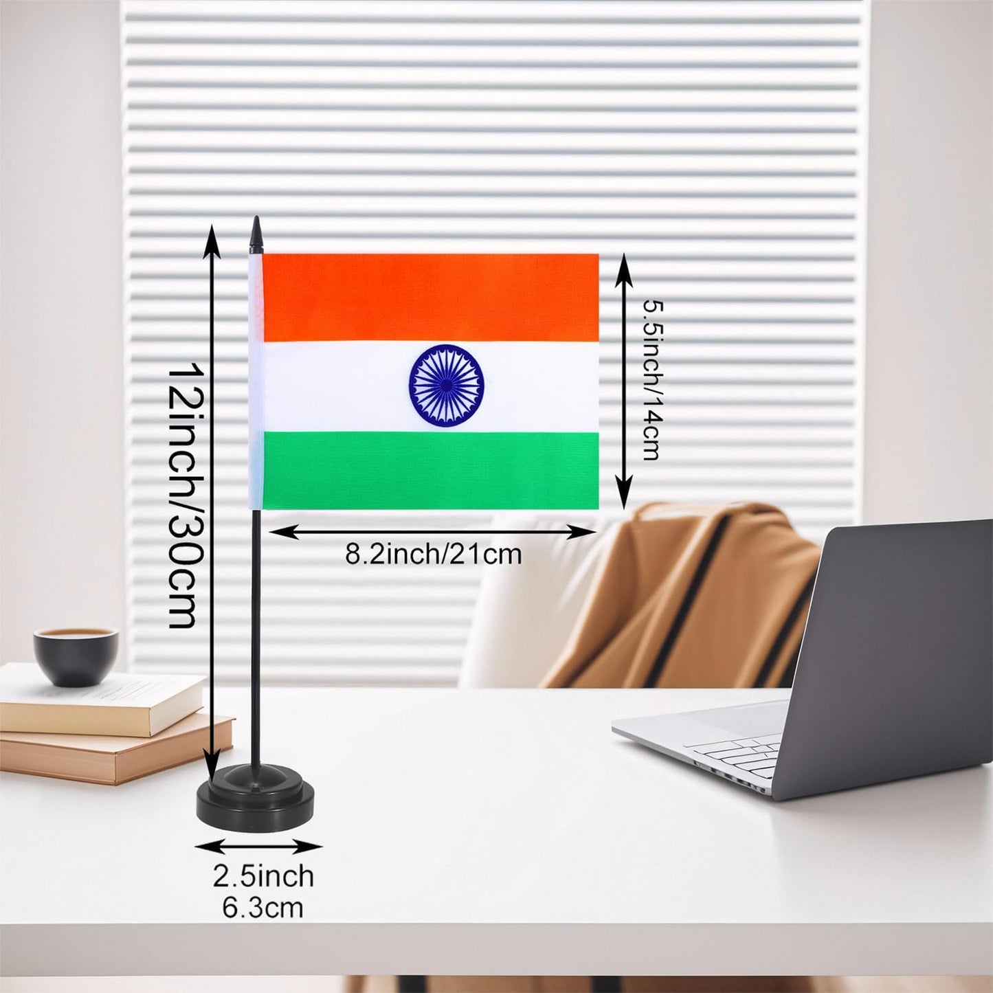 India Desk Flag 12" Solid Pole Deluxe Set Indian Flags Banner Mini Small India Office Table Flags with Black Stand Base Desktop Decorations(2Pack)