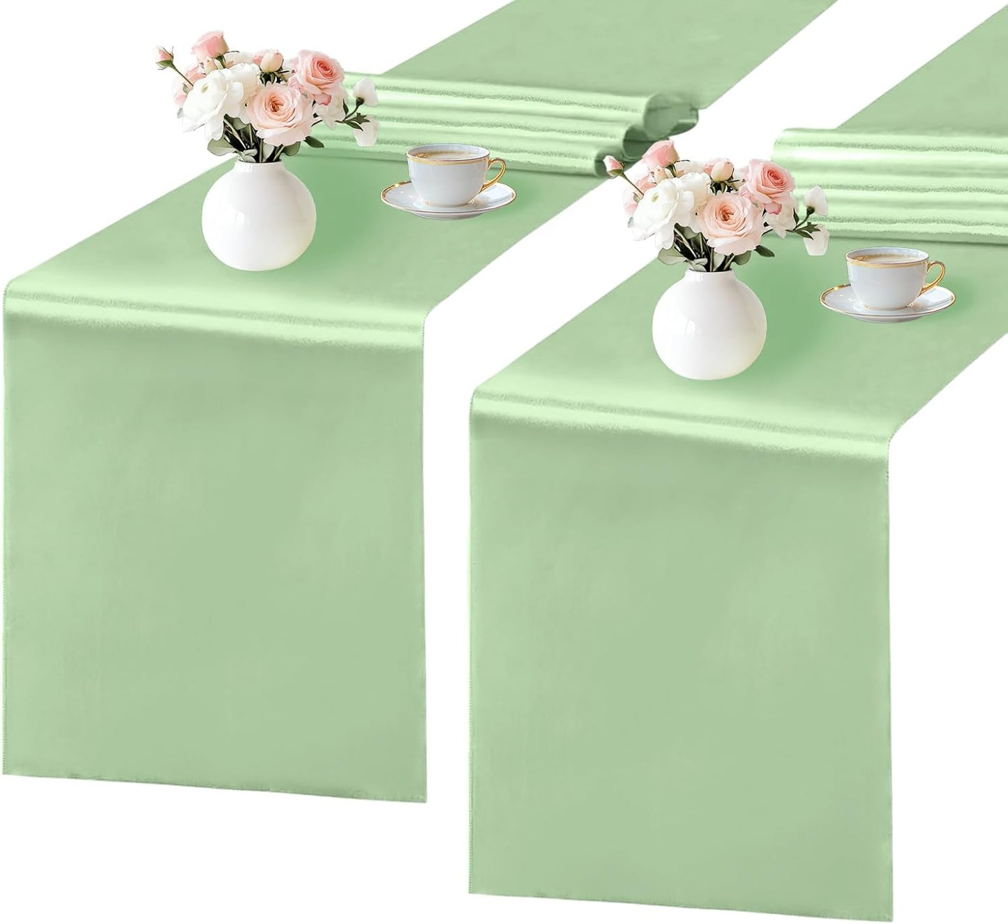 2 Pack Sage Green Satin Table Runner 12x108 Inches Long, Bright Silky Smooth Satin Table Runner Table Decor for Wedding Banquet Christmas Prom Event Birthday Party