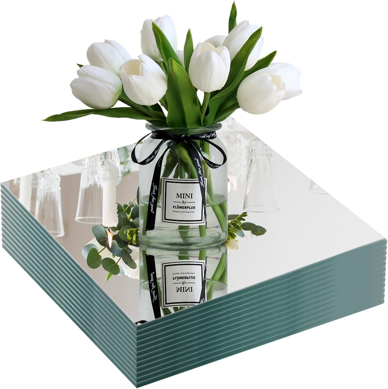 Square Glass Mirror Centerpieces, 12Pcs 12" Mirror Centerpieces for Tables, Glass Trays for Wedding Decorations, Parties, Baby Shower